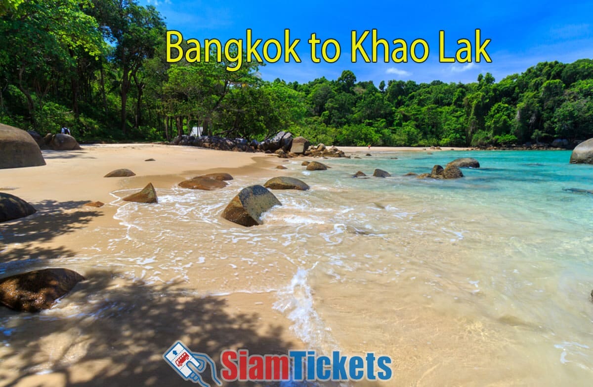 Advertisement for travel from Bangkok to Khao Lak featuring a serene beach with clear waters and scattered boulders.