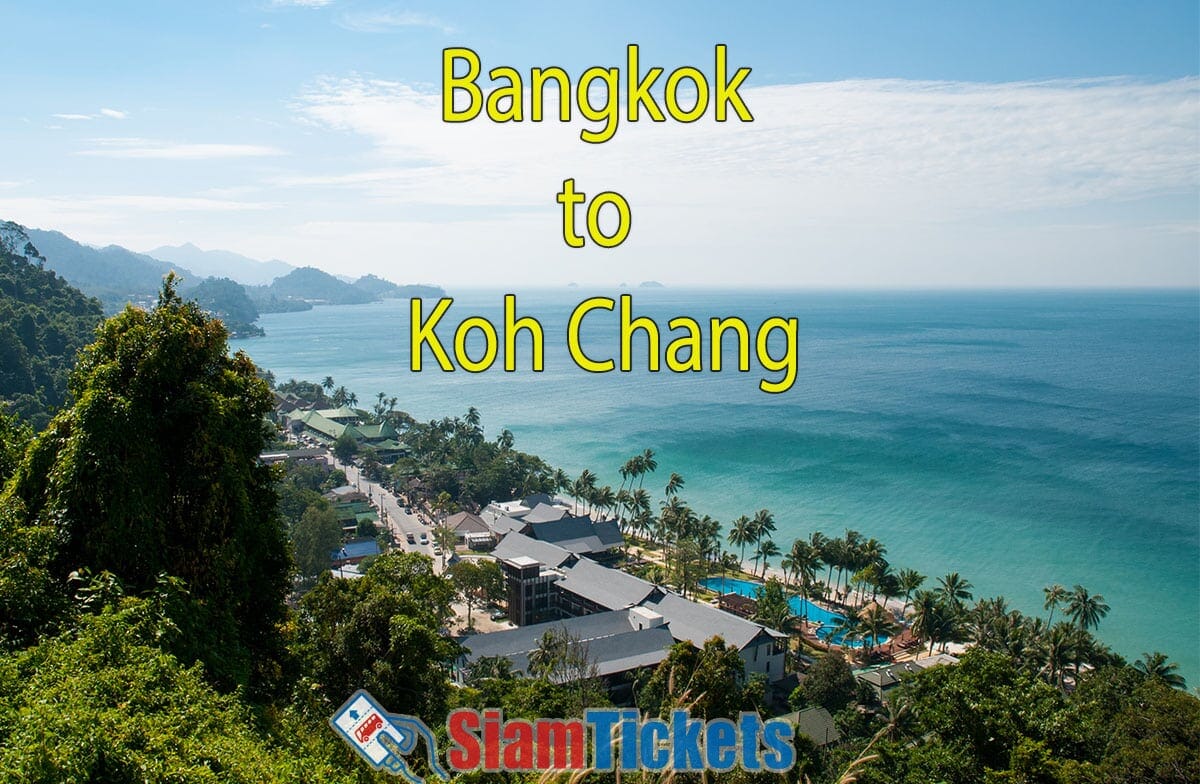 Promotional image for travel from Bangkok to Koh Chang with a coastal view of the island and lush greenery.