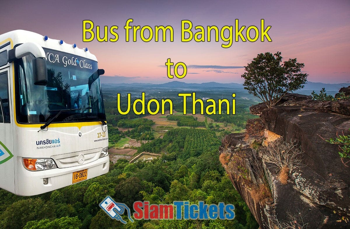 SiamTickets advertisement featuring a bus journey from Bangkok to Udon Thani with an image of a bus and a scenic view from a high vantage point overlooking a lush valley at twilight.