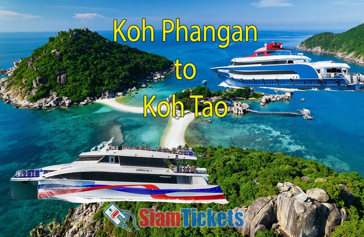 SiamTickets advertisement featuring Lomprayah and Songserm ferries traveling between the idyllic islands of Koh Phangan and Koh Tao, with a view of Koh Nang Yuan.