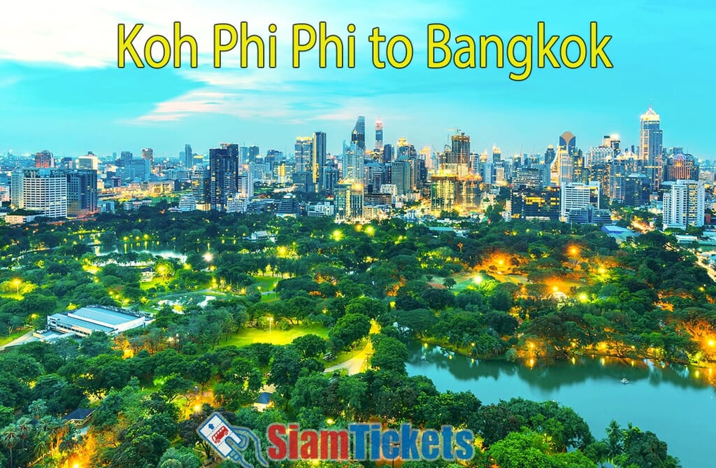 Skyline of Bangkok at dusk with a view of the city's lush Lumpini Park.
