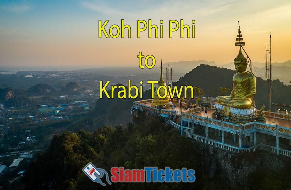 Aerial view of Wat Tham Suea (Tiger Cave Temple) at sunset in Krabi, Thailand, with text 'Koh Phi Phi to Krabi Town'.