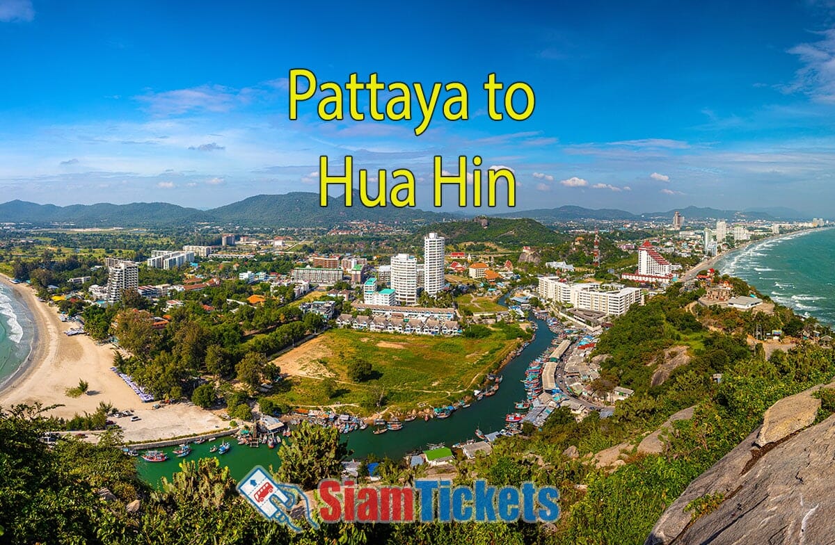 Aerial panoramic view from Khao Takiab Mountain showing the sweeping bays of Khao Takiab Beach and Hua Hin Beach, with bold text 'Pattaya to Hua Hin' for SiamTickets.