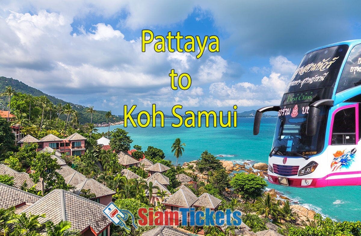 Promotional image for SiamTickets depicting a bus route from Pattaya to Koh Samui, with a colorful bus superimposed over a lush tropical landscape and azure sea of Koh Samui.