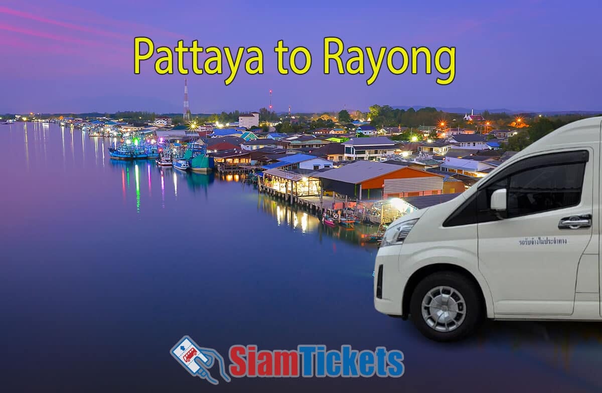 Promotional image for SiamTickets with a white minivan superimposed on a scenic view of the waterfront community at Paknam Prasae in Rayong, Thailand, at dusk.