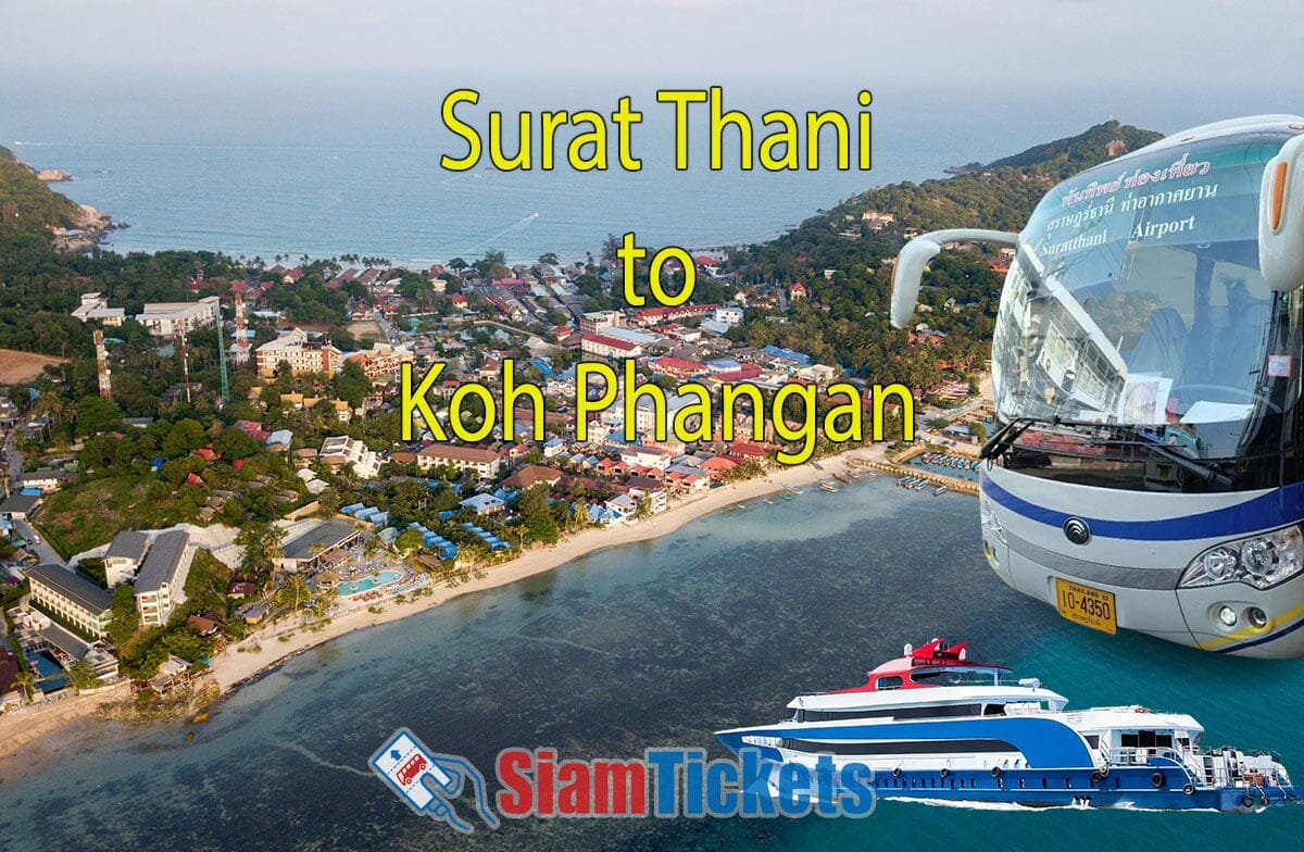 Advertisement for SiamTickets highlighting transportation services from Surat Thani to Koh Phangan with an aerial landscape view of Baan Tai pier.