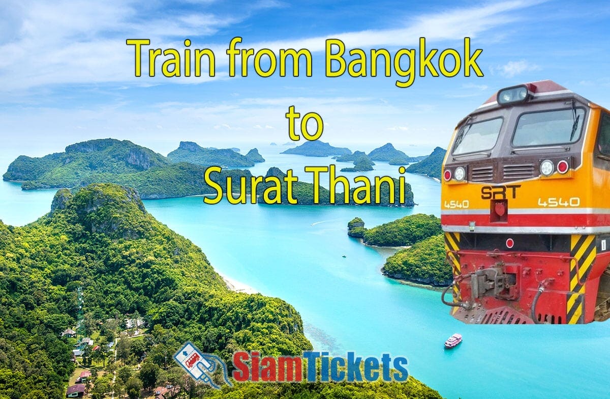 Promotional image featuring a train for travel from Bangkok to Surat Thani with a scenic coastal backdrop.