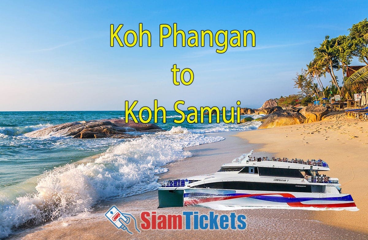 Online booking banner for a ferry trip from Koh Phangan to Koh Samui with a vivid sunrise over Lamai Beach on the SiamTickets.com website.