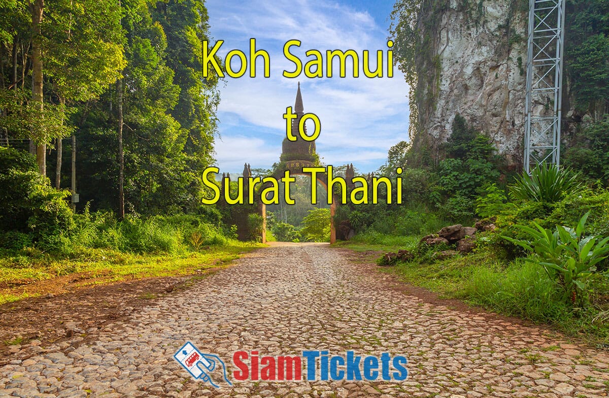 Travel route banner from Koh Samui to Surat Thani on SiamTickets.com, highlighting the serene Khao Na Nai Luang Dharma Park at sunrise in Surat Thani, Thailand.