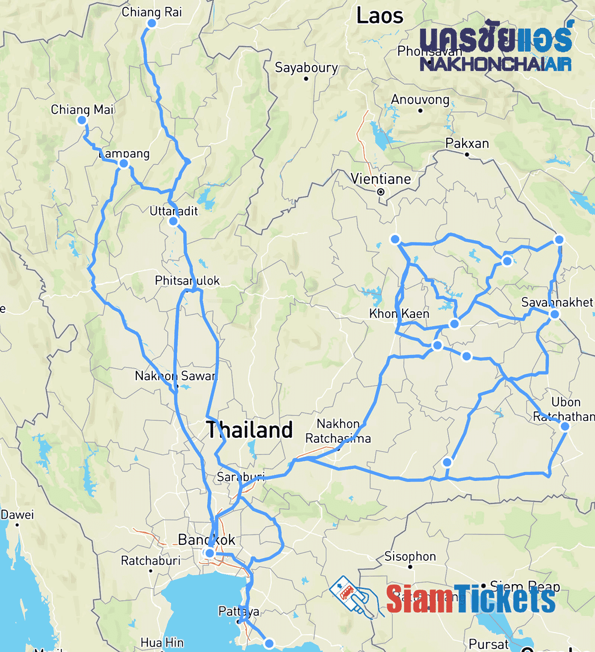 Map of Thailand showcasing Nakhonchai Air bus routes on SiamTickets.com, highlighting various cities and connections across the region.