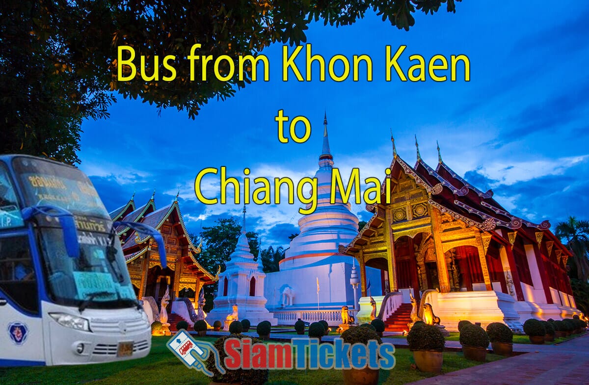 Bus from Khon Kaen to Chiang Mai in front of Wat Phra Singh temple