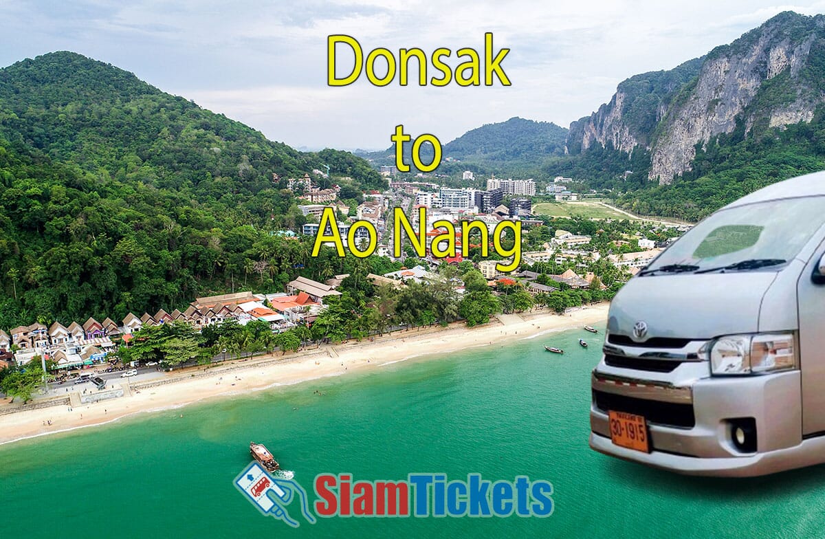 Promotional image for transportation from Donsak to Ao Nang featuring a white van in the foreground and a scenic view of Ao Nang beach and surrounding cliffs.