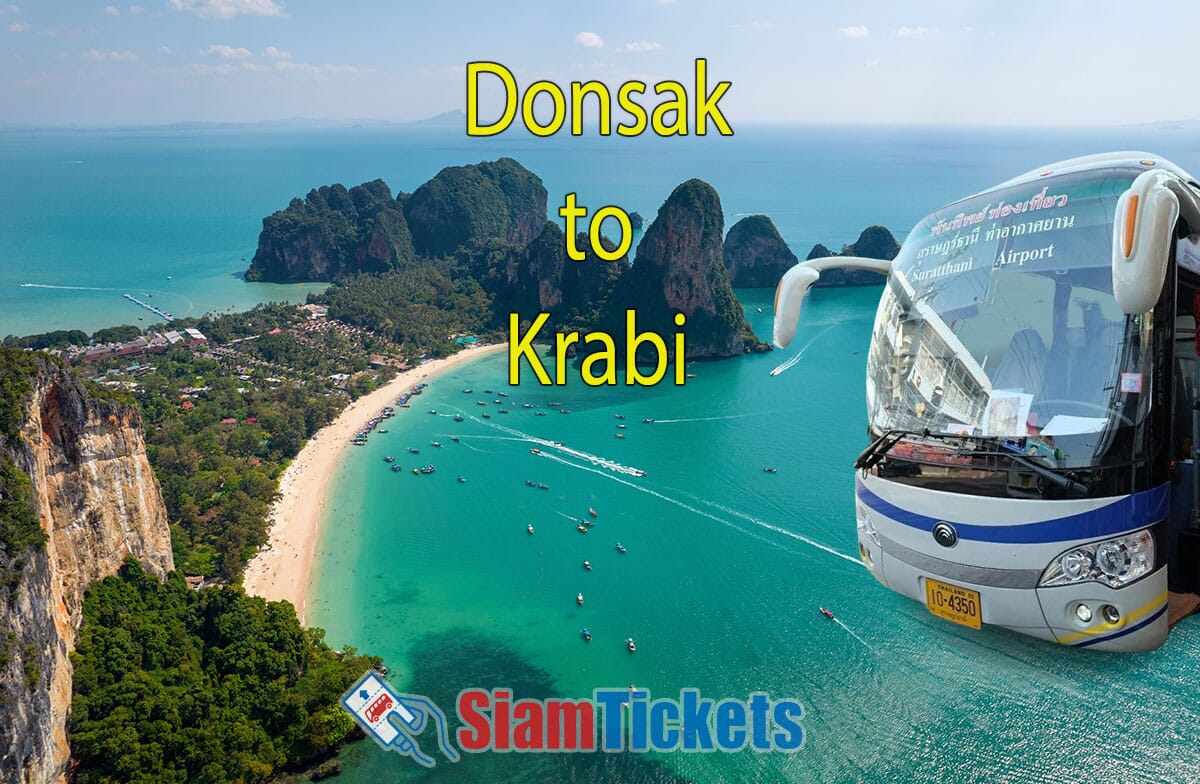 Promotional image for Phantip bus service from Donsak to Krabi featuring a modern bus and the stunning Railay Beach in the background.