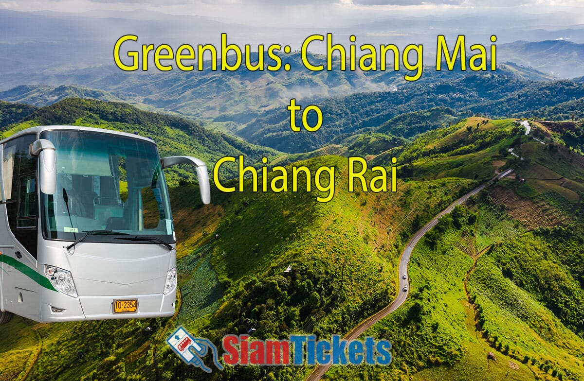 Aerial view of green mountains and winding roads in Chiang Rai, Thailand, during the rainy season. A silver Greenbus is featured in the foreground, indicating travel from Chiang Mai to Chiang Rai.