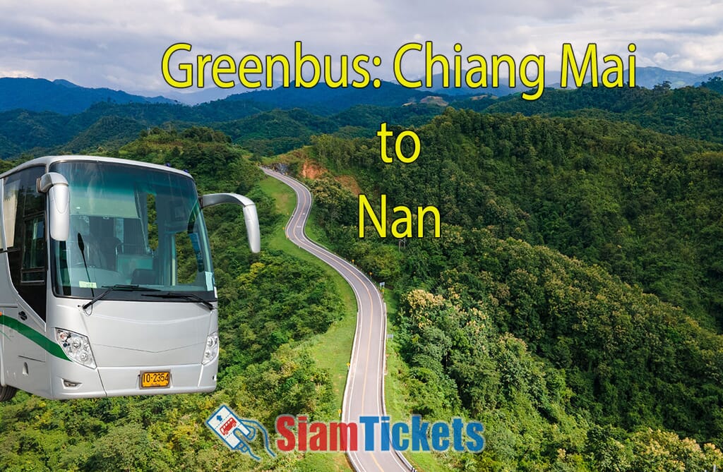 Aerial view of Sky Road in Nan Province, Thailand, with a lush green forest and a winding road. A silver Greenbus is featured in the foreground, highlighting the travel route from Chiang Mai to Nan.