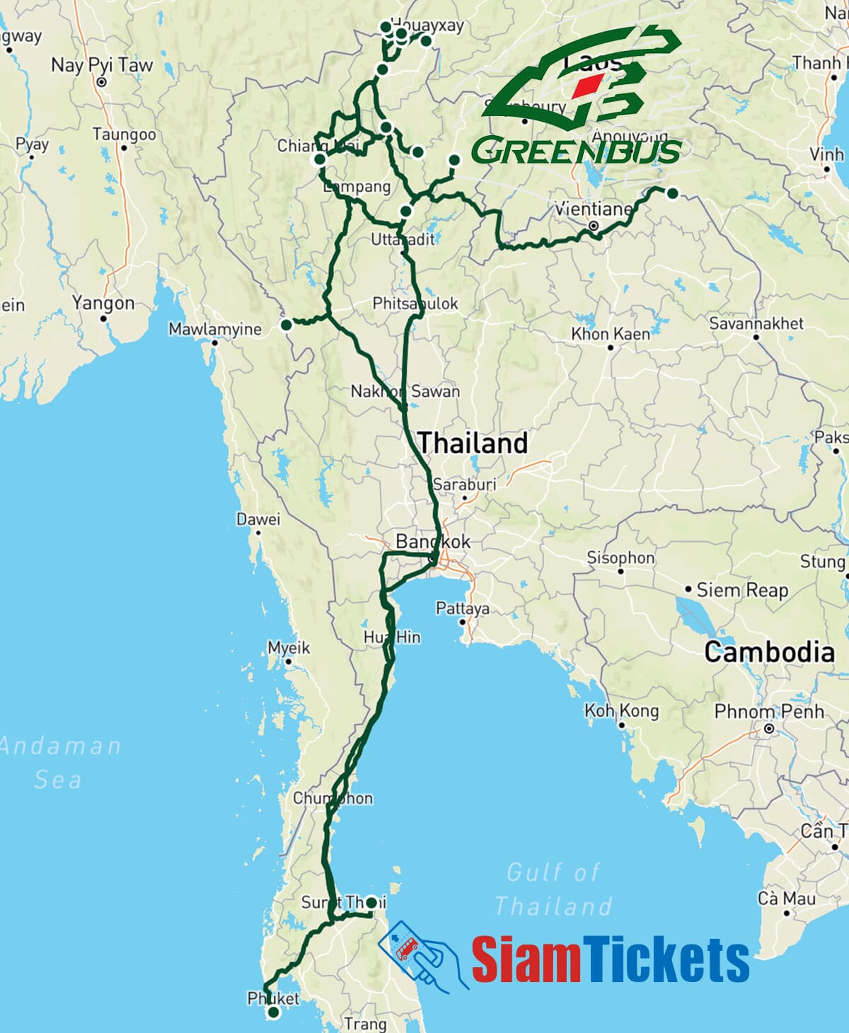 Map of Thailand showing GreenBus routes with a prominent GreenBus logo in the top right, and the SiamTickets logo at the bottom left.