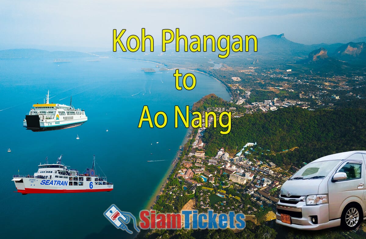 Illustrative image showcasing the travel options from Koh Phangan to Ao Nang, featuring a ferry boat and a van.