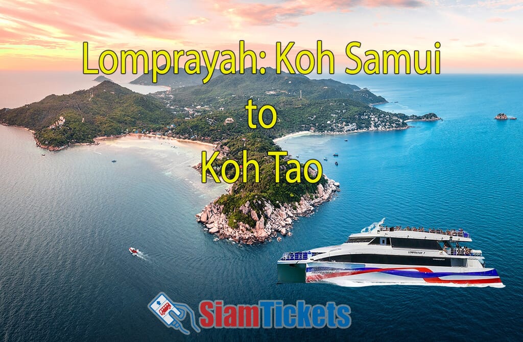 Lomprayah Ferry traveling from Koh Samui to Koh Tao with a scenic aerial view of Koh Tao island.