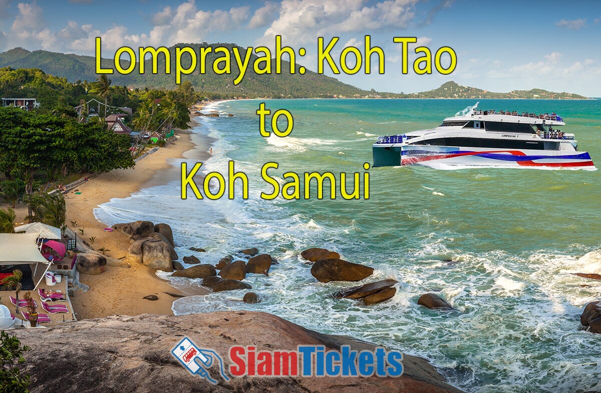 Lomprayah Ferry traveling from Koh Tao to Koh Samui with a scenic view of Lamai Beach on Koh Samui.