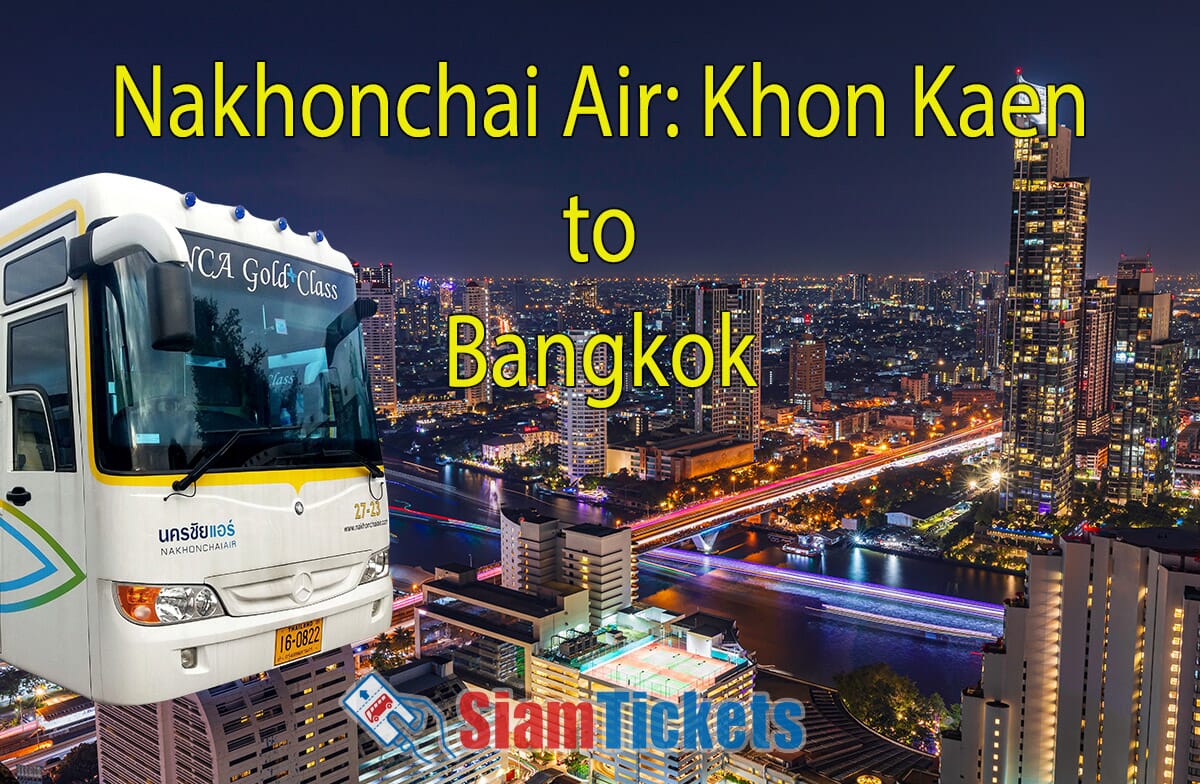 Night view of Bangkok's city skyline with modern buildings, illuminated streets, and the Chao Phraya River, featuring a white Nakhonchai Air Gold Class bus in the foreground.