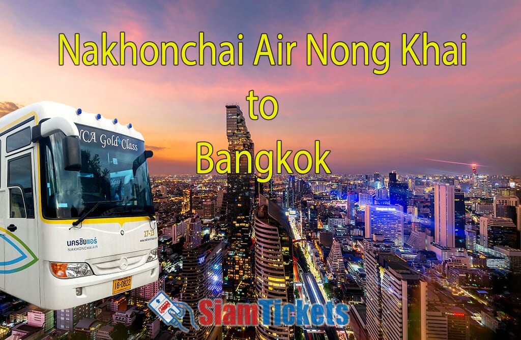 Sunrise view of Bangkok's city skyline with tall buildings and busy streets, featuring a white Nakhonchai Air Gold Class bus in the foreground.