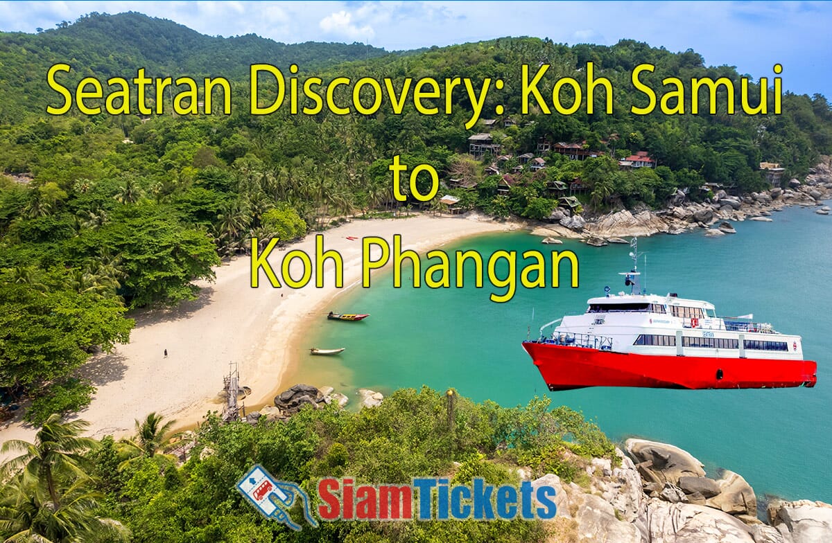 Aerial view of Haad Than Sadet Beach on Koh Phangan island, Thailand, with a red and white Seatran Discovery ferry in the foreground. The beach is surrounded by lush green vegetation and clear turquoise waters.