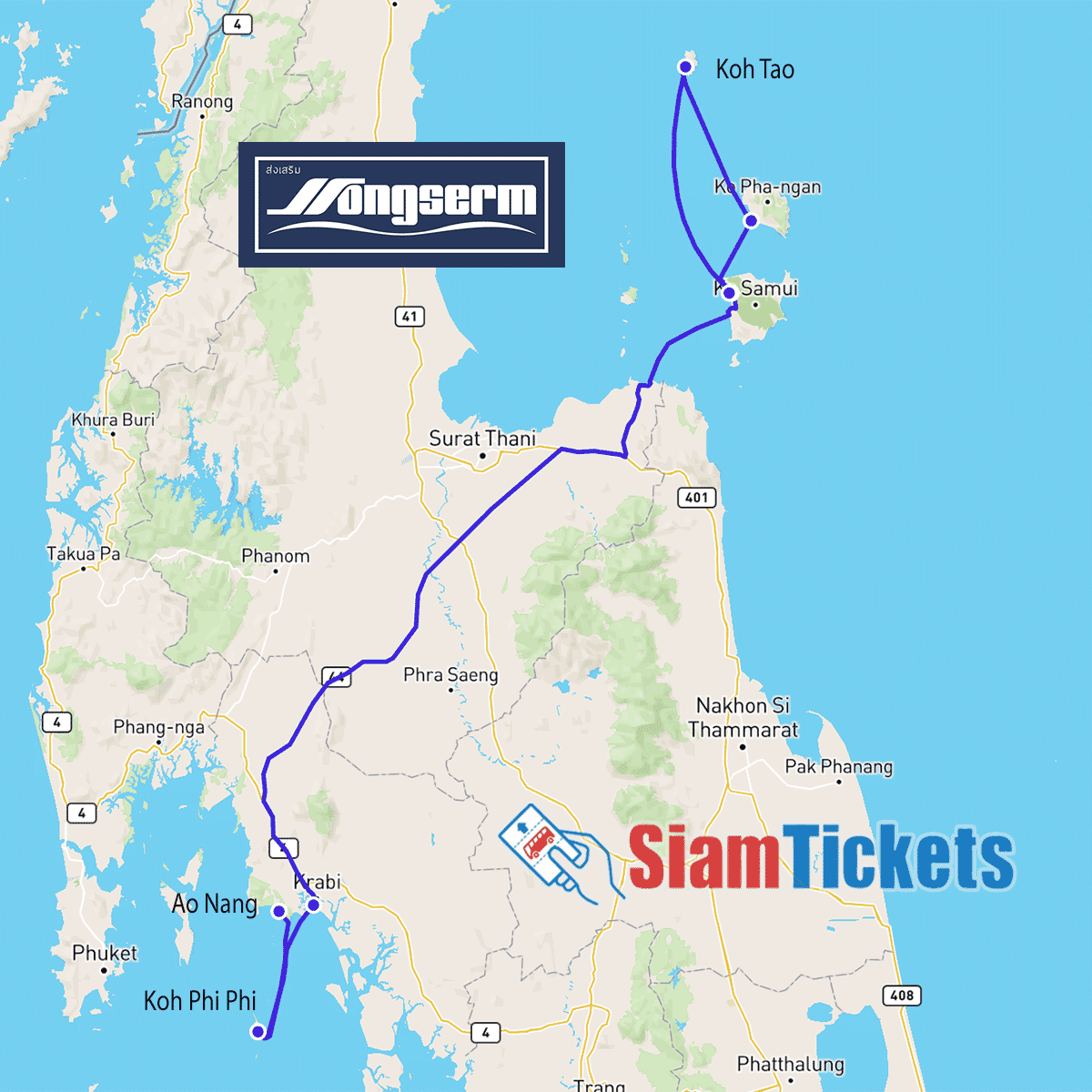 Map showing Songserm Ferry routes in Thailand, highlighting connections between Koh Tao, Koh Phangan, Koh Samui, Ao Nang, Krabi, and Koh Phi Phi.