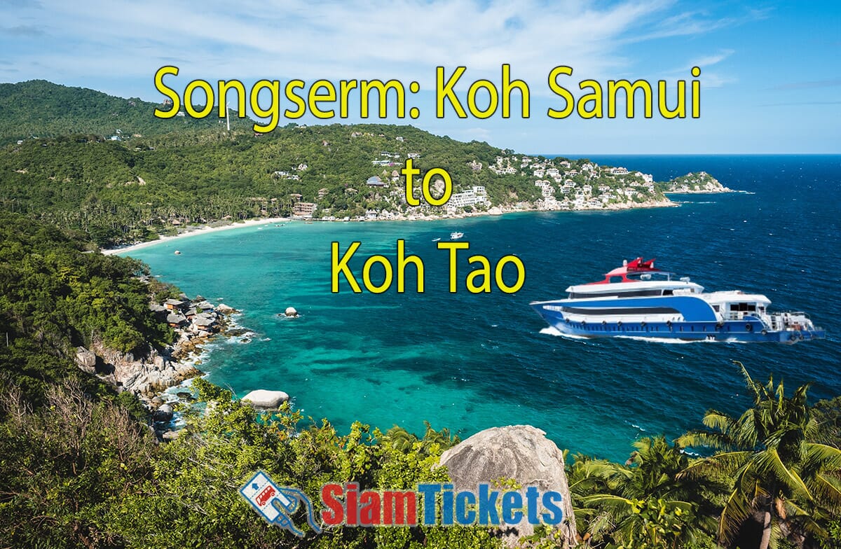 Songserm Ferry traveling from Koh Samui to Koh Tao with a scenic view of Shark Bay on Koh Tao.