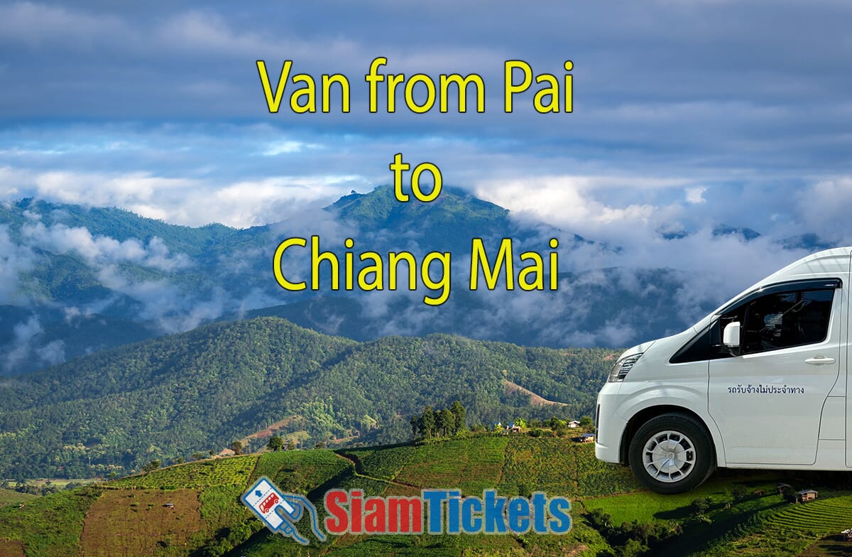 Van traveling from Pai to Chiang Mai with a scenic view of mountains and rice terraces.