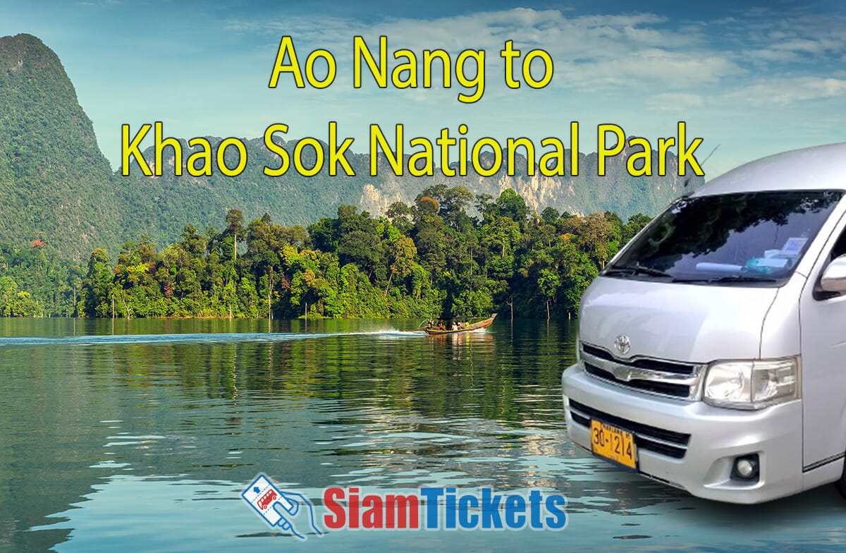 Featured image for an article about traveling from Ao Nang to Khao Sok National Park, showing a view from a boat on Cheow Lan Lake with a van in the foreground.