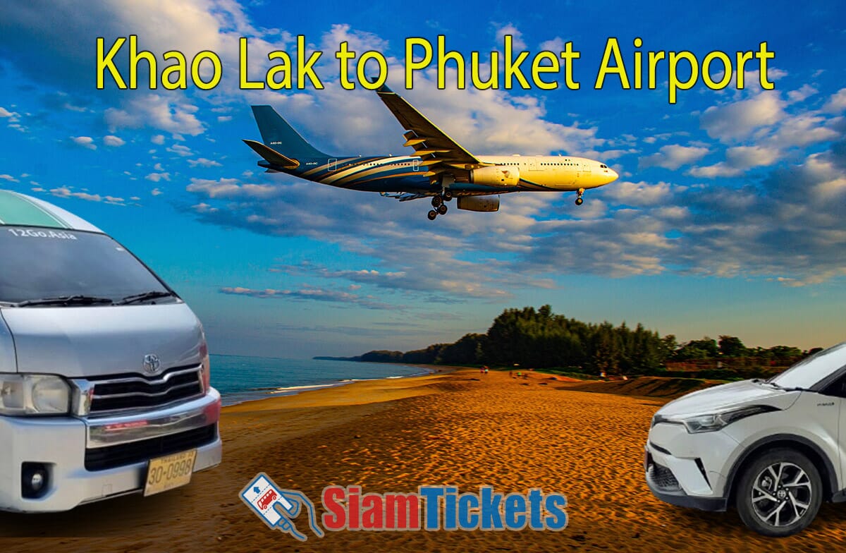 Featured image for an article about traveling from Khao Lak to Phuket Airport by van and taxi, showing a plane landing over a beach with a van and a taxi in the foreground.