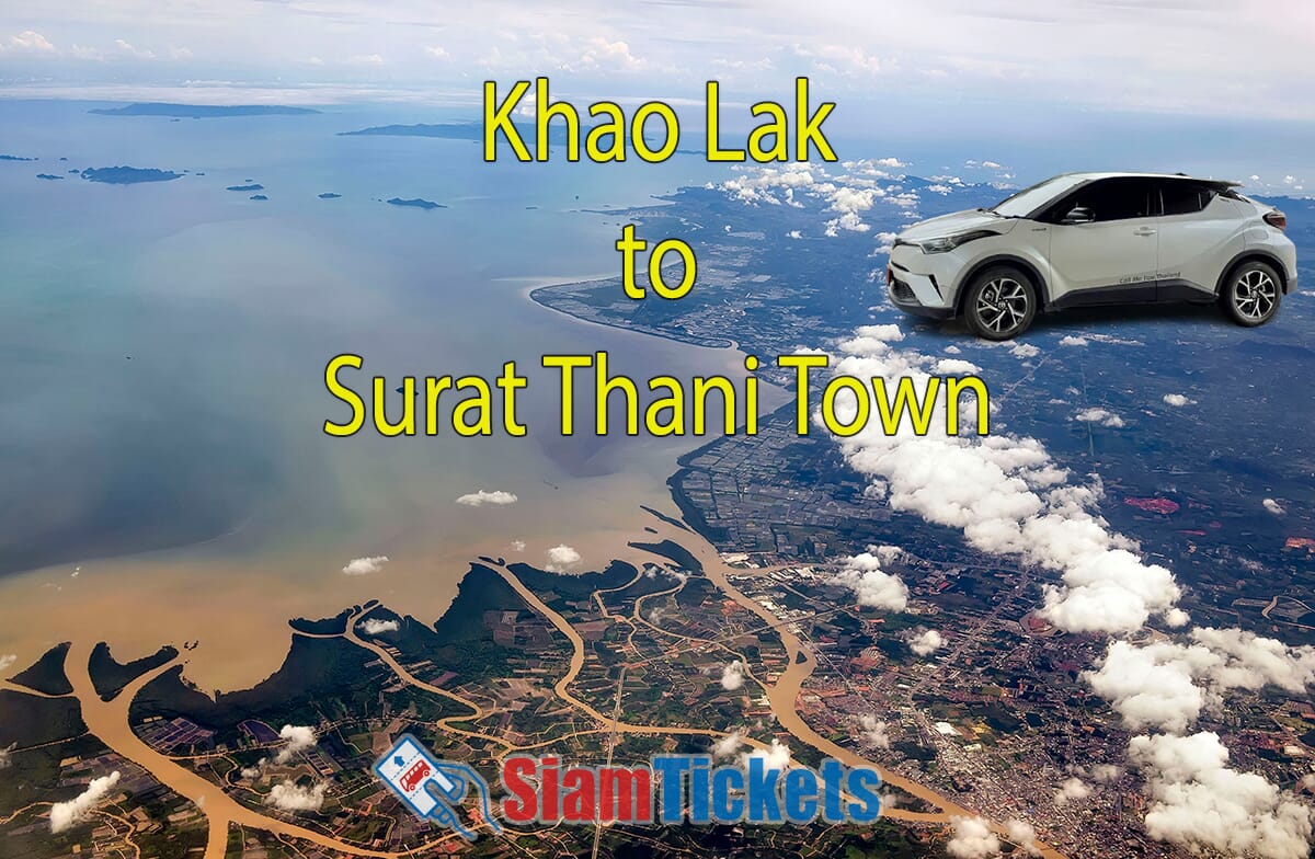 Featured image for an article about traveling from Khao Lak to Surat Thani Town by van and taxi, showing an aerial view of Surat Thani with a van and a taxi in the foreground.