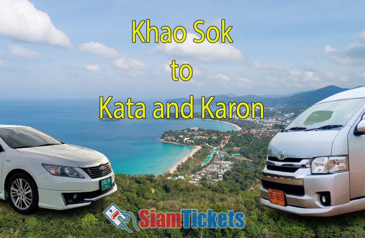 Featured image for an article about traveling from Khao Sok to Kata and Karon by van and taxi, showing an aerial view of Kata and Karon Beach with a van and a taxi in the foreground.