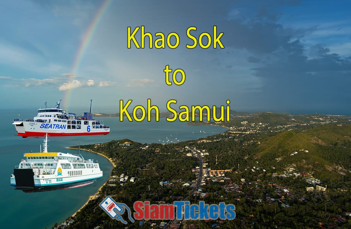 Ferries from Seatran and Raja sailing from Khao Sok to Koh Samui with a rainbow overhead and the town visible in the distance.