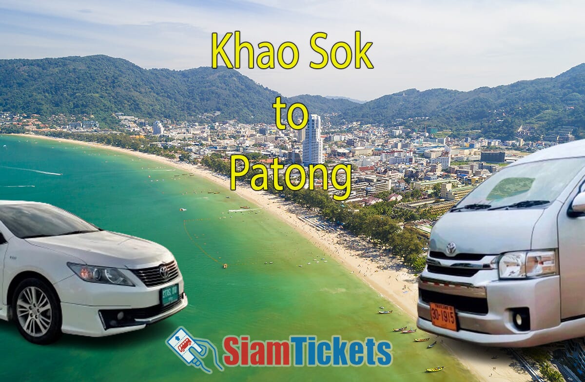 Featured image for an article about traveling from Khao Sok to Patong by van and taxi, showing Patong Beach with a van and a taxi in the foreground.