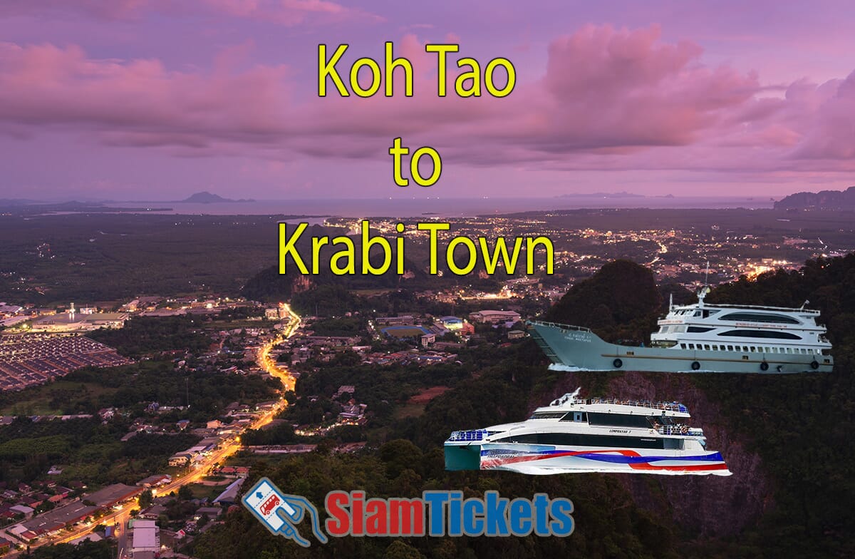 Featured image for an article about traveling from Koh Tao to Krabi Town, showing a twilight view of Krabi Town with night ferry and Lomprayah Catamaran in the foreground.