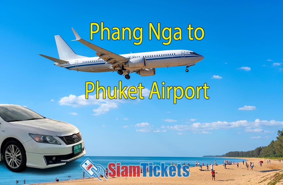 A dynamic scene featuring a plane landing at the beach next to Phuket Airport under a clear blue sky. The beach is populated with people enjoying the view. The image includes a digitally added taxi car, symbolizing travel options from Phang Nga to Phuket Airport. The text "Phang Nga to Phuket Airport" is prominently displayed in yellow, and the SiamTickets logo is placed at the bottom of the image.