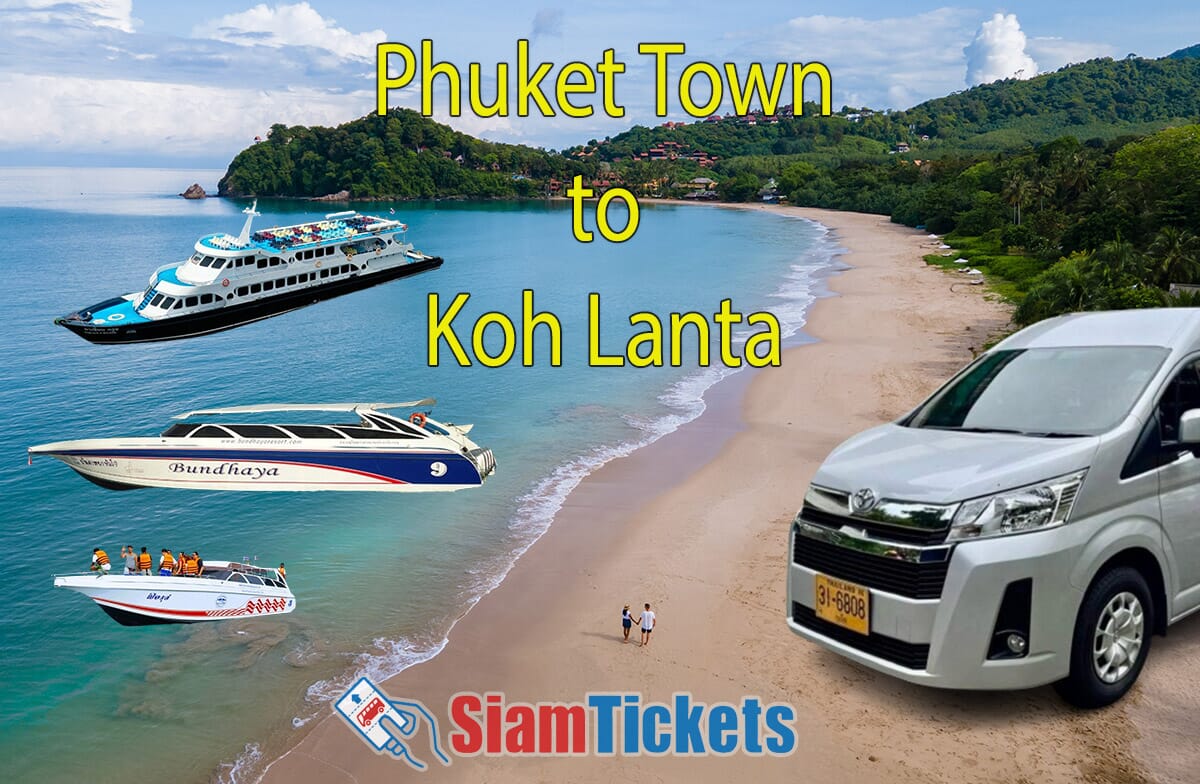 Tropical beach scene at Koh Lanta, Krabi, Thailand, with a couple walking on the beach. Digitally added images of a Phi Phi cruiser ferry, a Bundhaya speedboat, another speedboat, and a van illustrate travel options from Phuket Town to Koh Lanta. Text "Phuket Town to Koh Lanta" and the SiamTickets logo are included.