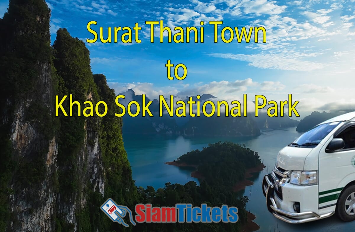 Illustrative image showcasing the travel options from Surat Thani Town to Khao Sok National Park, featuring a minivan.