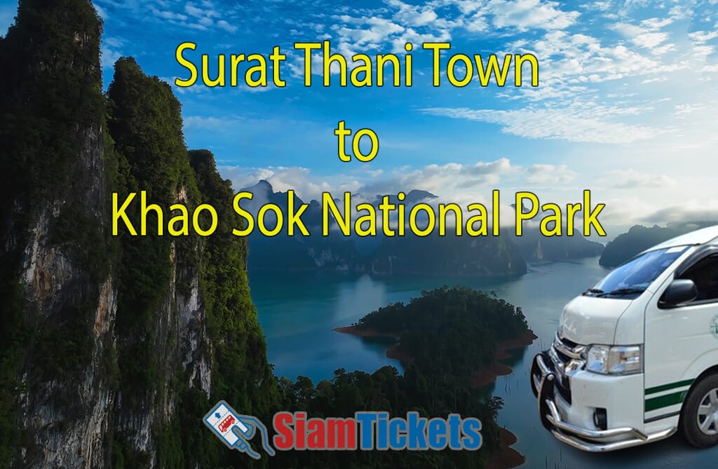 Illustrative image showcasing the travel options from Surat Thani Town to Khao Sok National Park, featuring a minivan.