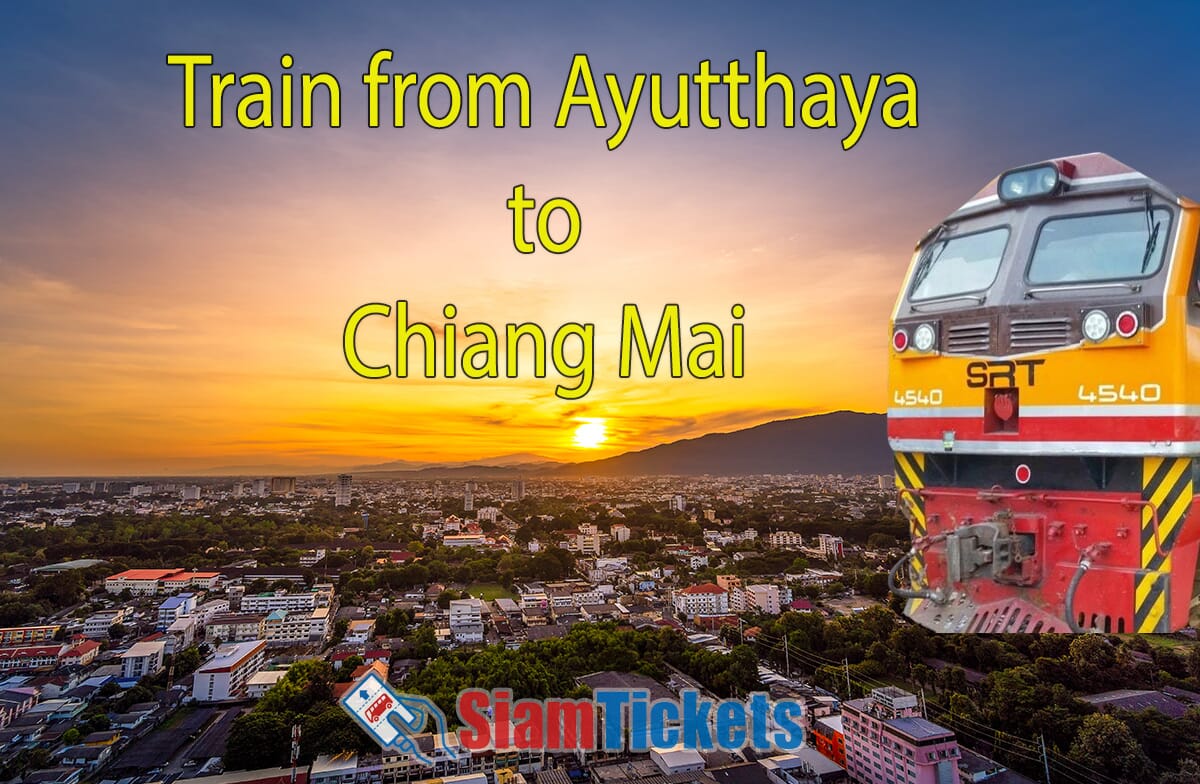 Featured image for an article about traveling from Ayutthaya to Chiang Mai by train, showing a sunset over Chiang Mai with a train in the foreground.