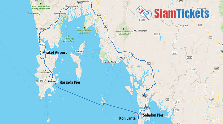 Travel map from Phuket to Koh Lanta featuring routes by van plus speedboat with a transfer at Rassada Pier. Key points marked include Kalim, Kamala, Chalong, Siray Bay, Rassada Pier, and Saladan Pier. The map includes the SiamTickets logo at the top right corner.