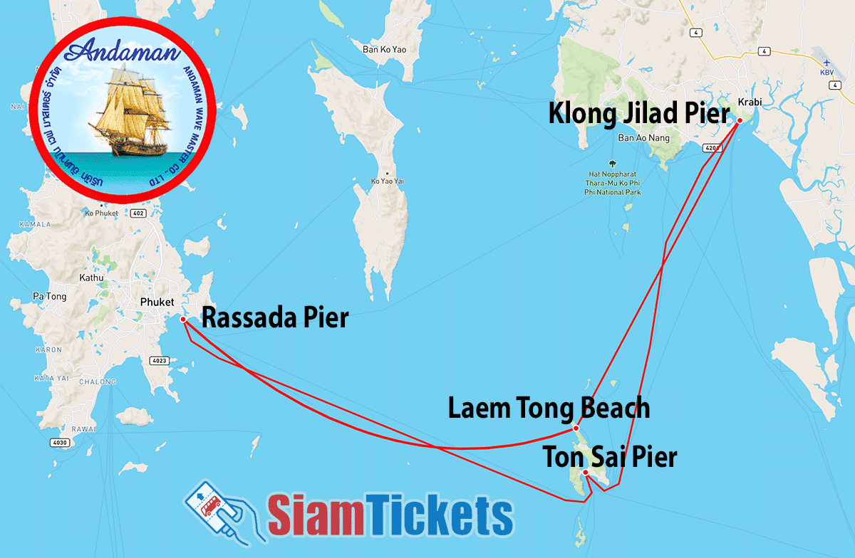 Map showing Andaman Wave Master ferry routes between Phuket, Phi Phi Island, and Krabi, with the company logo.