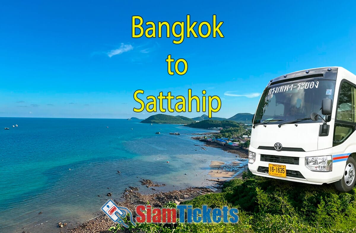 Bus on coastal road with 'Bangkok to Sattahip' text and SiamTickets logo