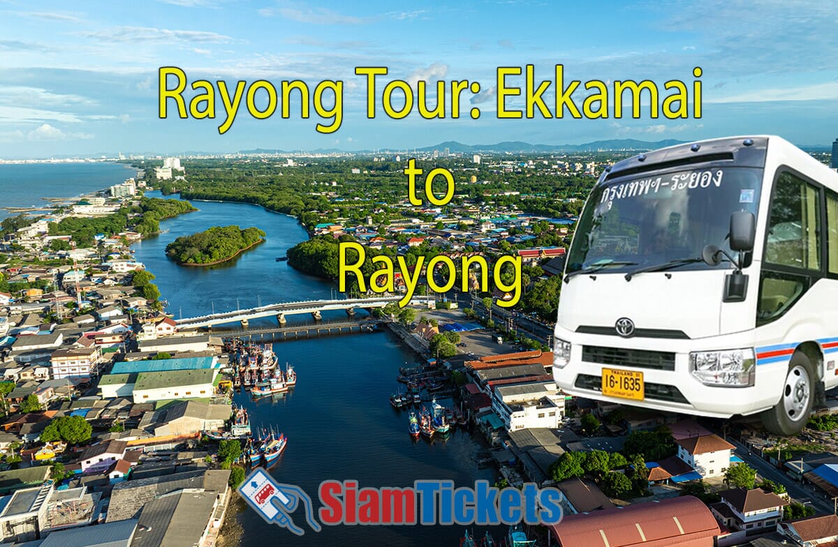 Aerial view of Rayong with minivan, advertising Ekkamai to Rayong route by Rayong Tour