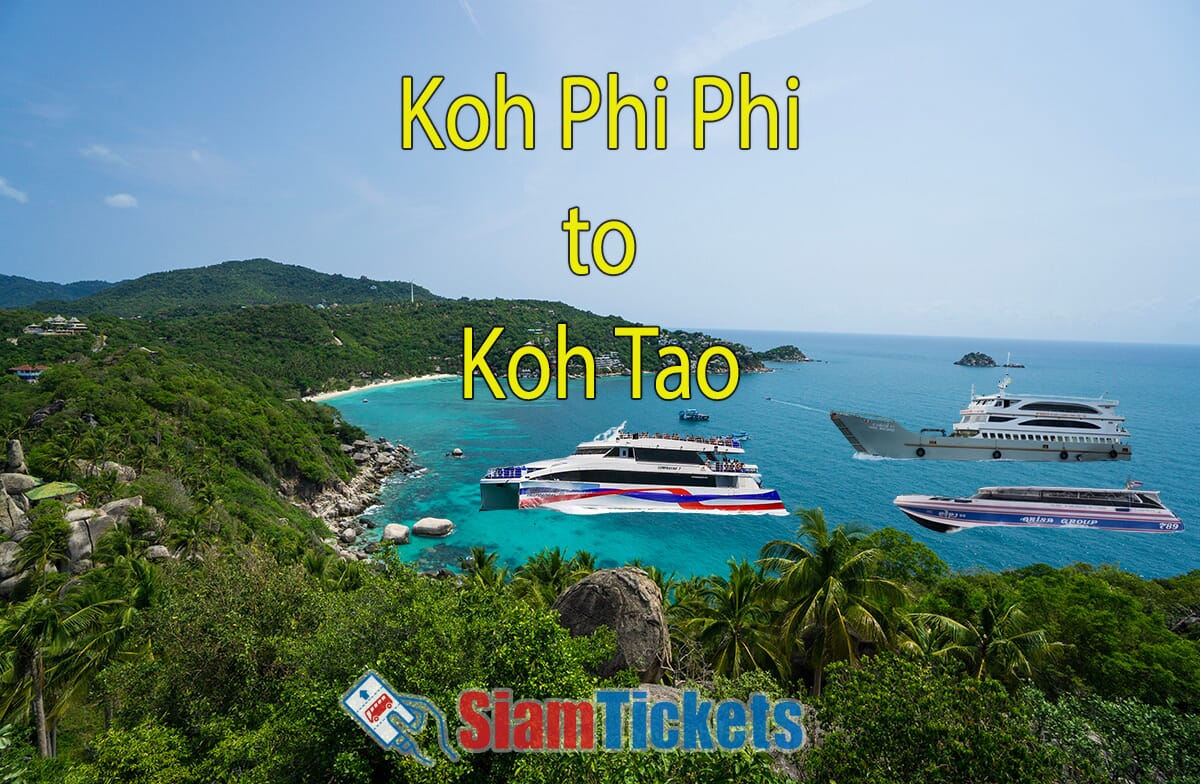 View from John Suwan Viewpoint on Koh Tao, Thailand, with lush green landscape and turquoise waters. Digitally added ferries and speedboats represent travel options from Koh Phi Phi to Koh Tao, including Lomprayah ferry, night ferry, and speedboat. Text "Koh Phi Phi to Koh Tao" and SiamTickets logo are included.