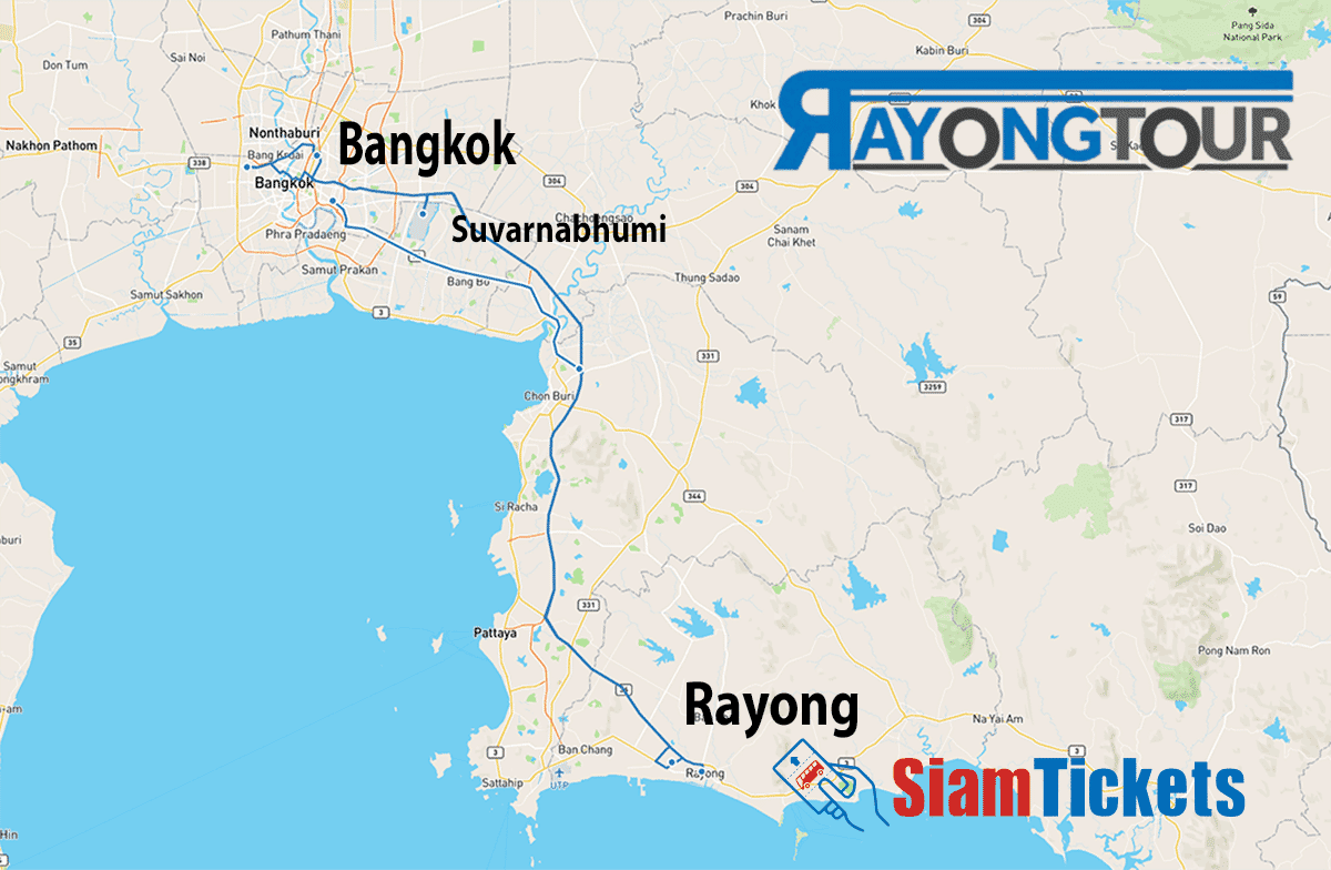 Map showing Rayong Tour routes between Bangkok, Suvarnabhumi Airport, and Rayong in Thailand