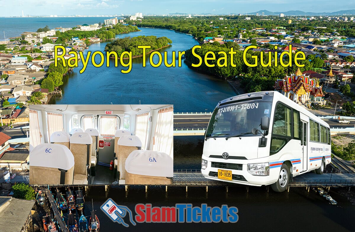 Rayong Tour Seat Guide featuring a scenic view of Rayong city, minibus interior, and exterior, with SiamTickets logo