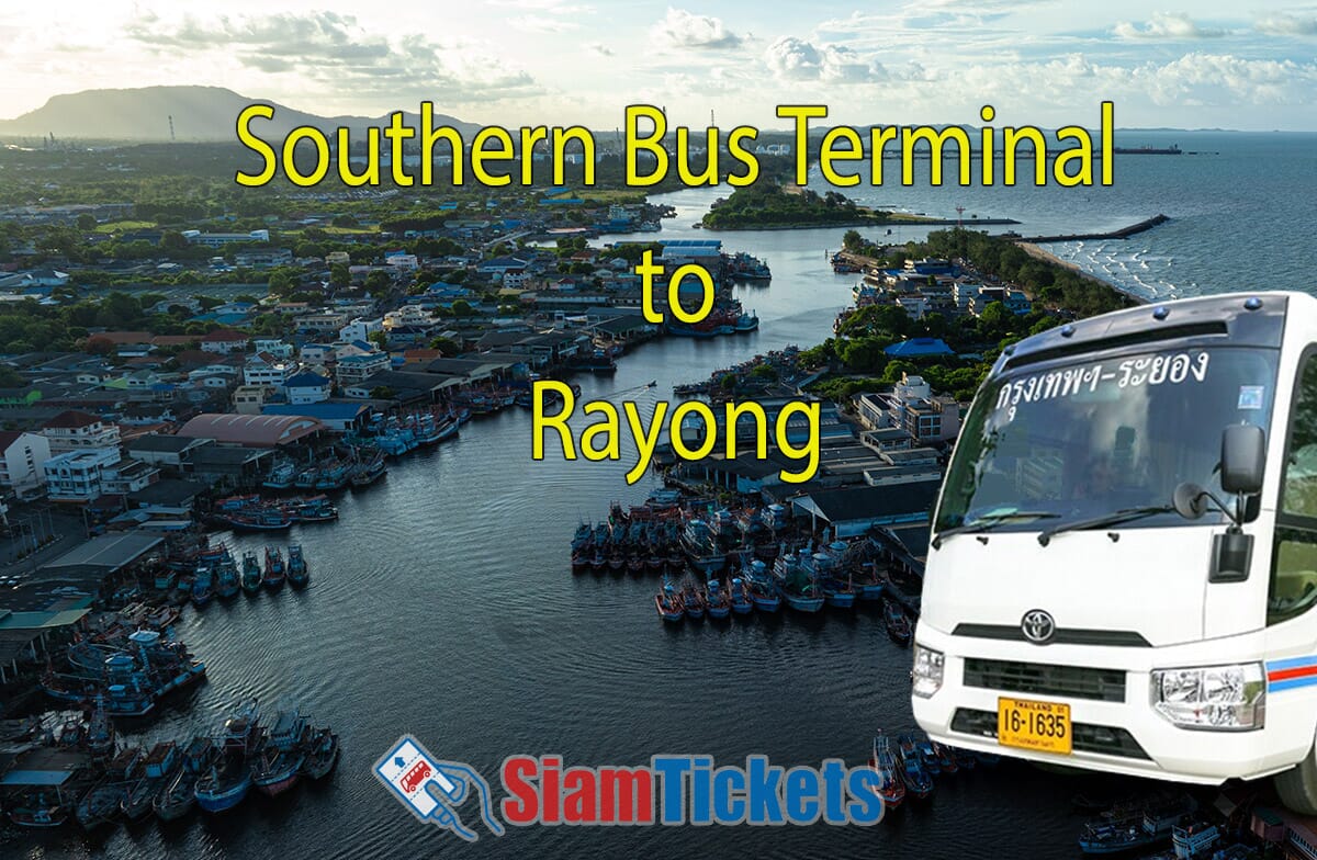 Aerial view of Rayong's coastal area with minivan, promoting Southern Bus Terminal to Rayong route