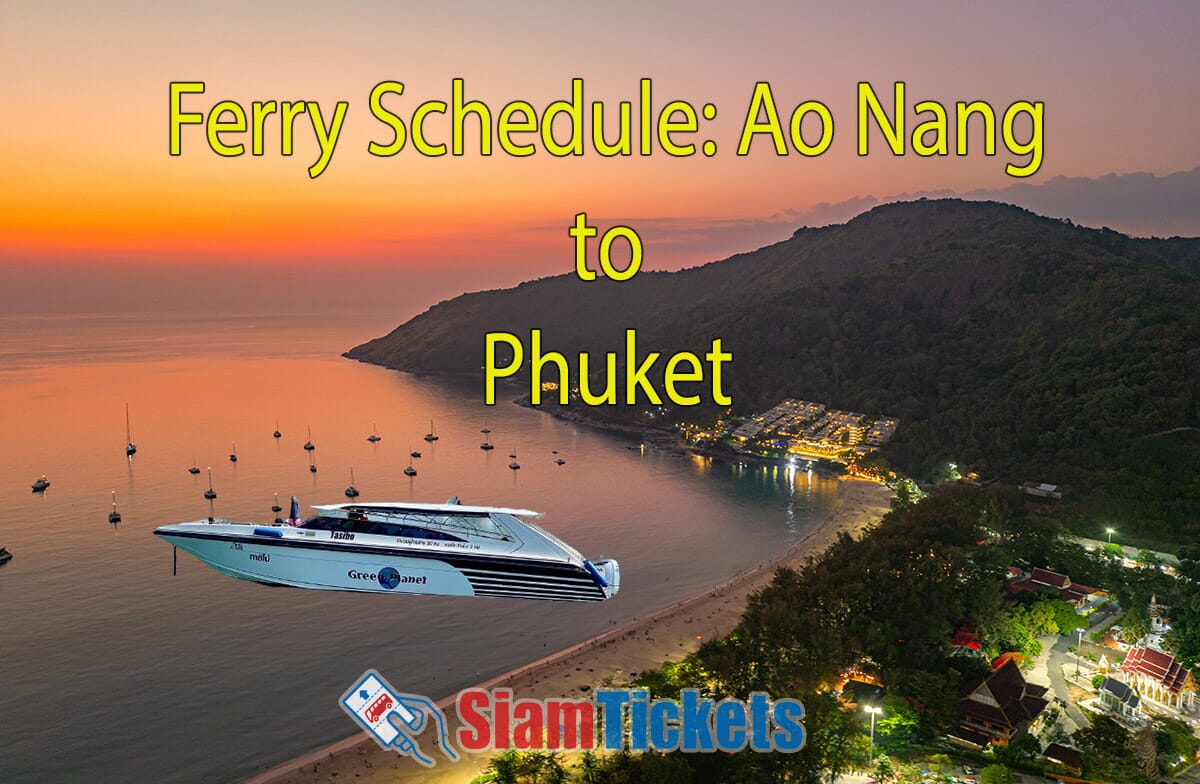 Speedboat over sunset view of Nai Harn Beach, Phuket, with 'Ferry Schedule: Ao Nang to Phuket' text overlay